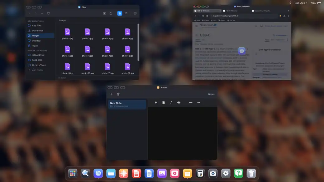 XeOS on an external display: windows overview
